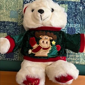 Vintage 1999 19” Holiday Plush Bear with Embroidered Christmas Sweater- EUC